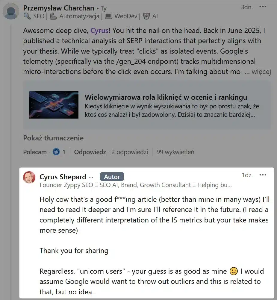 The Multidimensional Role of Clicks in Evaluation and Ranking 3 Cyrus Shepard responded in the comments under his post